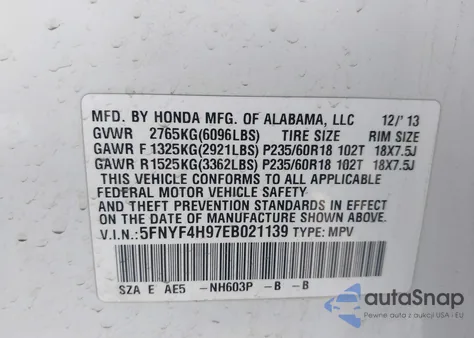 2014 Honda Pilot Touring z USA, uszkodzony, nr VIN 5FNYF4H97EB021139